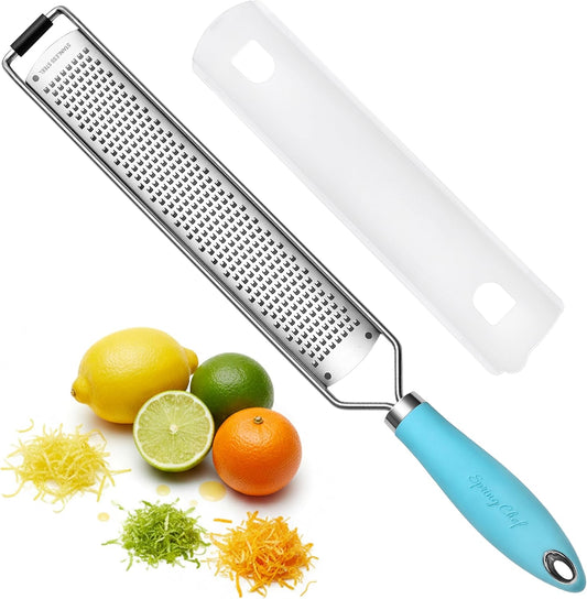 Spring Chef Stainless Steel Lemon Zester Grater with Handle - Garlic, Cheese, Parmesan, Nutmeg, Lime, Ginger Grater - Heavy Duty Kitchen Tool - Citrus Zester with Blade Cover - Fine Shred - Gray