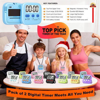 Antonki 2 Pack Digital Timer for Kids, Magnetic Countdown Kitchen Timers for Cooking, Egg, Classroom, Teacher, Exercise, Study, Oven - Battery Included