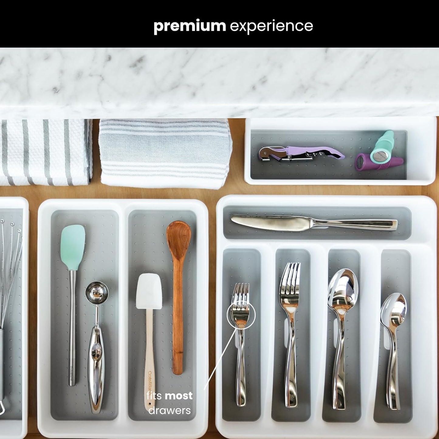 madesmart Classic Small Silverware Tray - White | CLASSIC COLLECTION | 5-Compartments | Icons help sort Flatware, Utensils and Cutlery | Soft-grip Lining and Non-slip Feet | BPA-Free