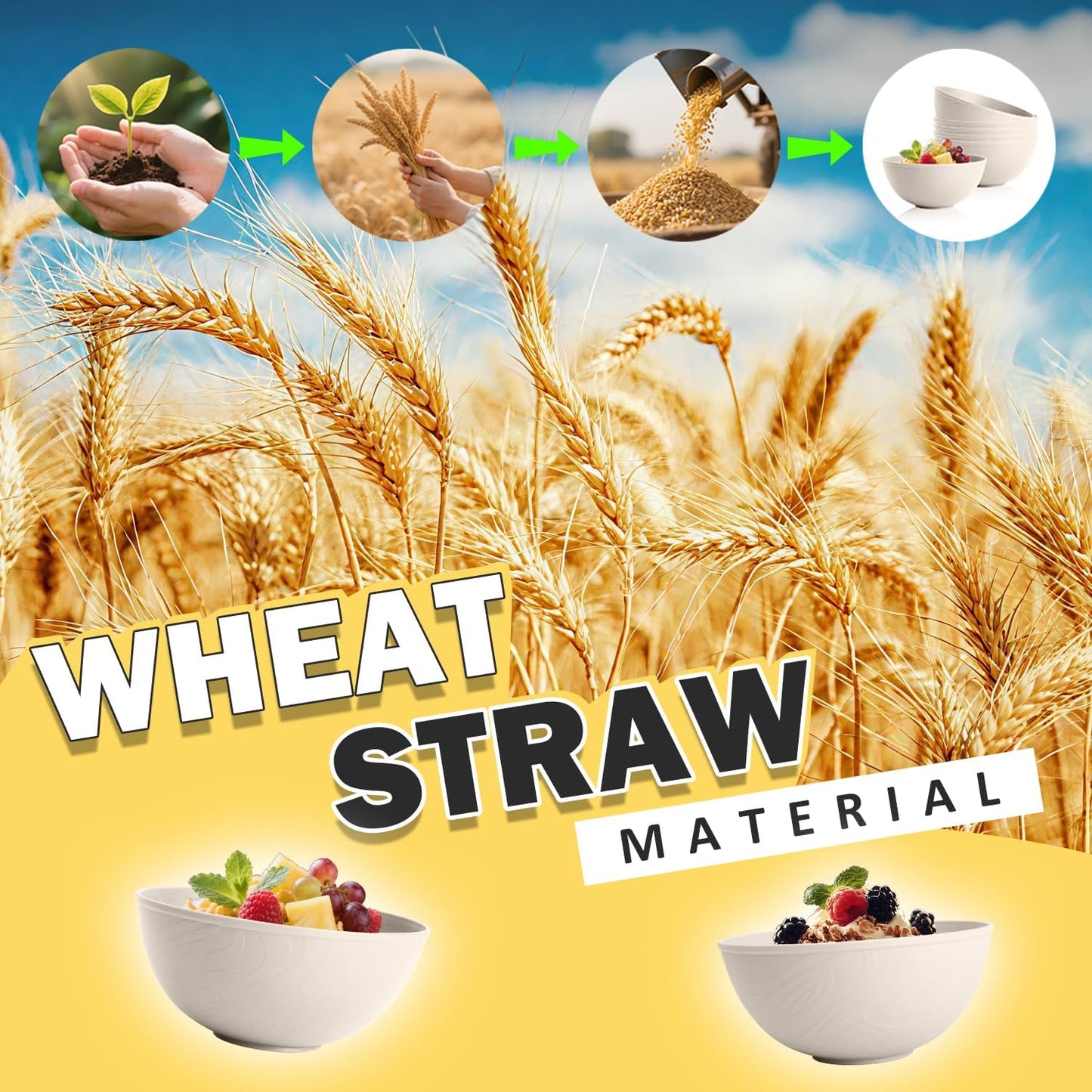 Wheat Straw Bowls Set with Lids, Unbreakable 40 OZ Cereal Bowls Set of 4, Salad Container for Lunch, Microwave & Dishwasher Safe Bowl Set for Kitchen, Picnic, RV, Camping, Multi