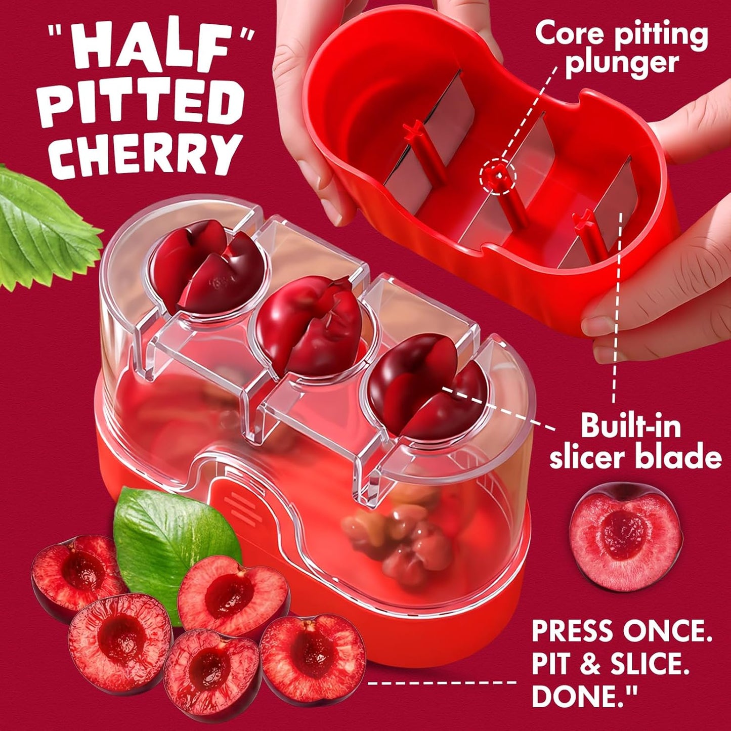 2-in-1 Cherry Pitter & Half Slicer, 3-Hole Cherry Seed Remover with Built-in Blade, with Clear Container (Apple Green)
