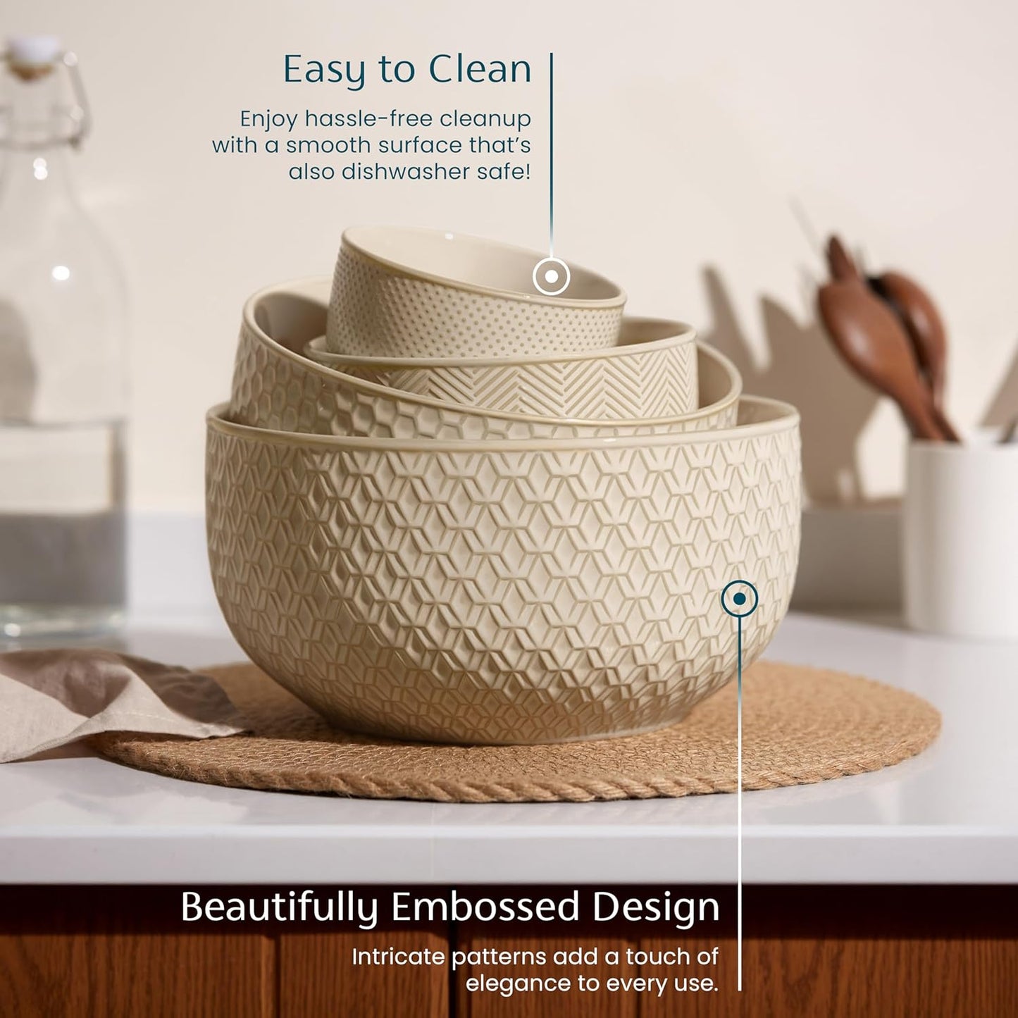 KooK Ceramic Mixing Bowls, Nesting Set of 4, Embossed Kitchen Dishware, Prep, Serving, Gift, Microwave and Dishwasher Safe, 20/44/98/145 oz, Narbonne Collection (Ivory)