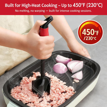 Ourokhome Meat Chopper and Potato Masher, Heat Resistant Nylon Ground Beef Smasher for Hamburger, 5 Curved Blades Nonstick Mixer & Stirrer, Practical Kitchen Gadgets, Black