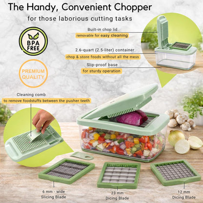 Brieftons QuickPush Food Chopper: Vegetable Dicer Slicer, Onion Cutter, 3 Extra-Large Blades with 200% More Cutting Area to Chop Dice Slice Vegetables, 2.6-Quart Container