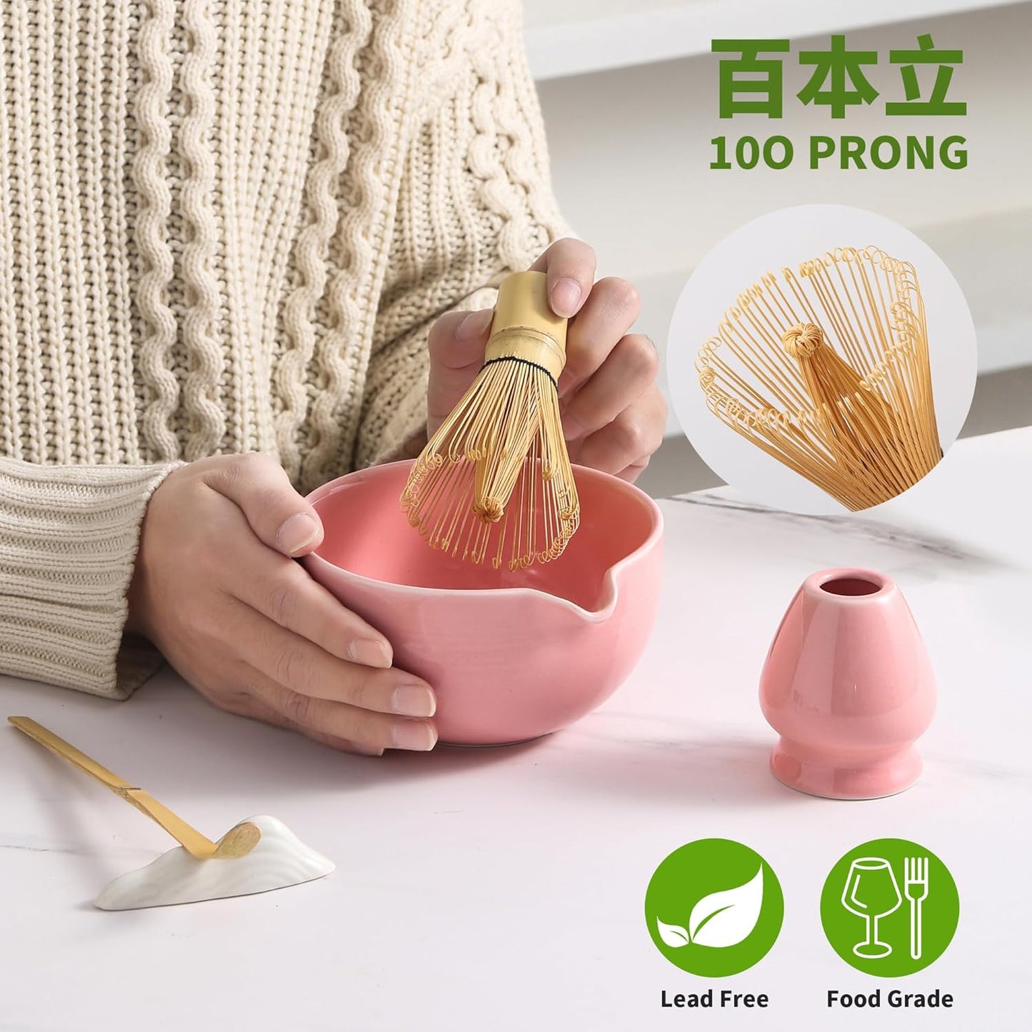 Matcha Whisk Set, 5 Pcs Ceramic Matcha Set, Matcha Kit Set Includes Matcha Bowl, Matcha Whisk and Holder, Bamboo Scoop and Sifter, Matcha Tea Set, Ideal Gift for Family/Friend (Pink)