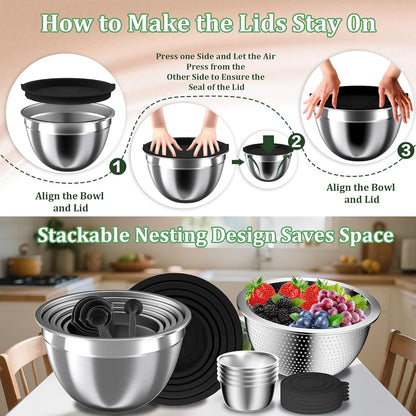 Mixing Bowls with Airtight Lids Set, 4 Stainless Steel Bowls Nesting Bowls & Colander, Kitchen Organizers and Storage Non-Slip Bottom, Size 1.5/2.0/2.5/4.5QT, Great for Mixing & Serving, Khaki