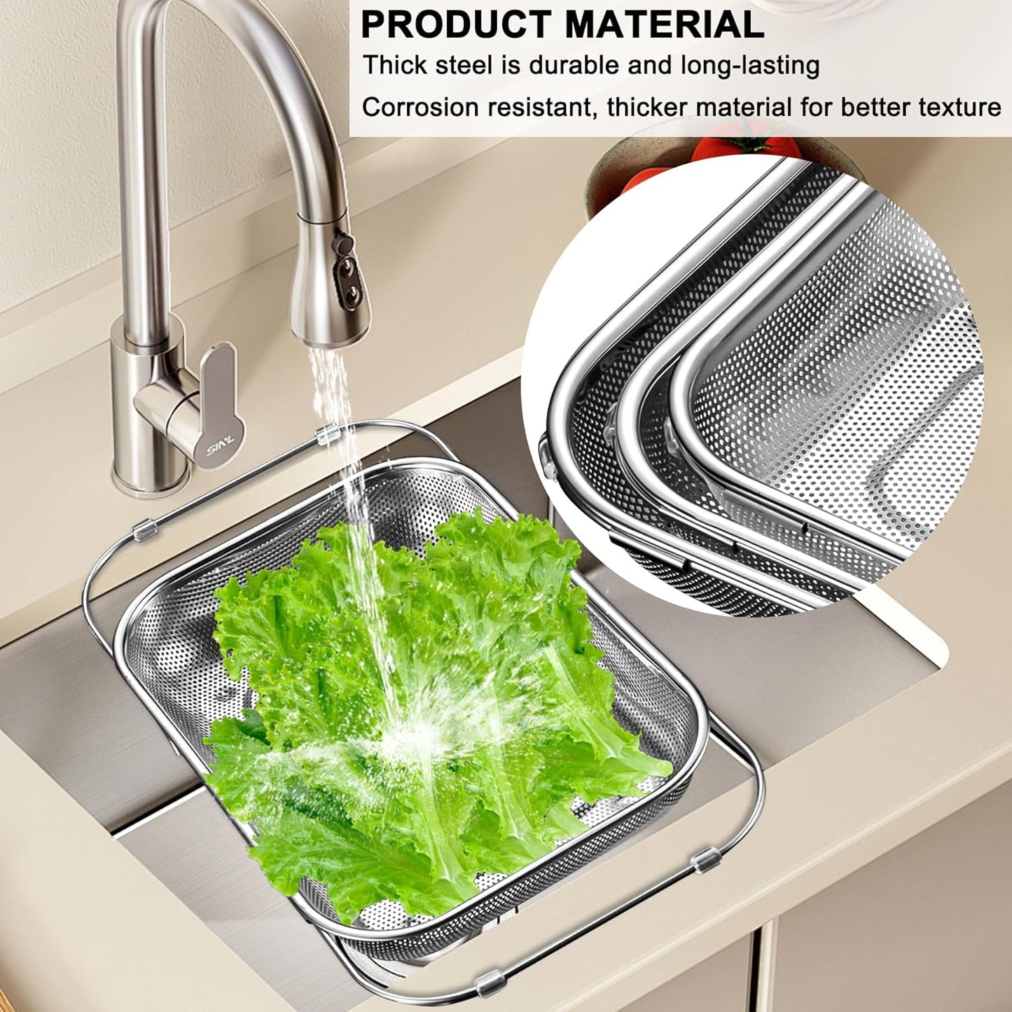 Adjustable Over Sink Colander, 14.2" to 17.4" Expandable Fine Mesh Food Strainer, Dishwasher Safe Drain Basket for Vegetables Fruit Pasta, Fits Small & Medium Kitchen Sinks