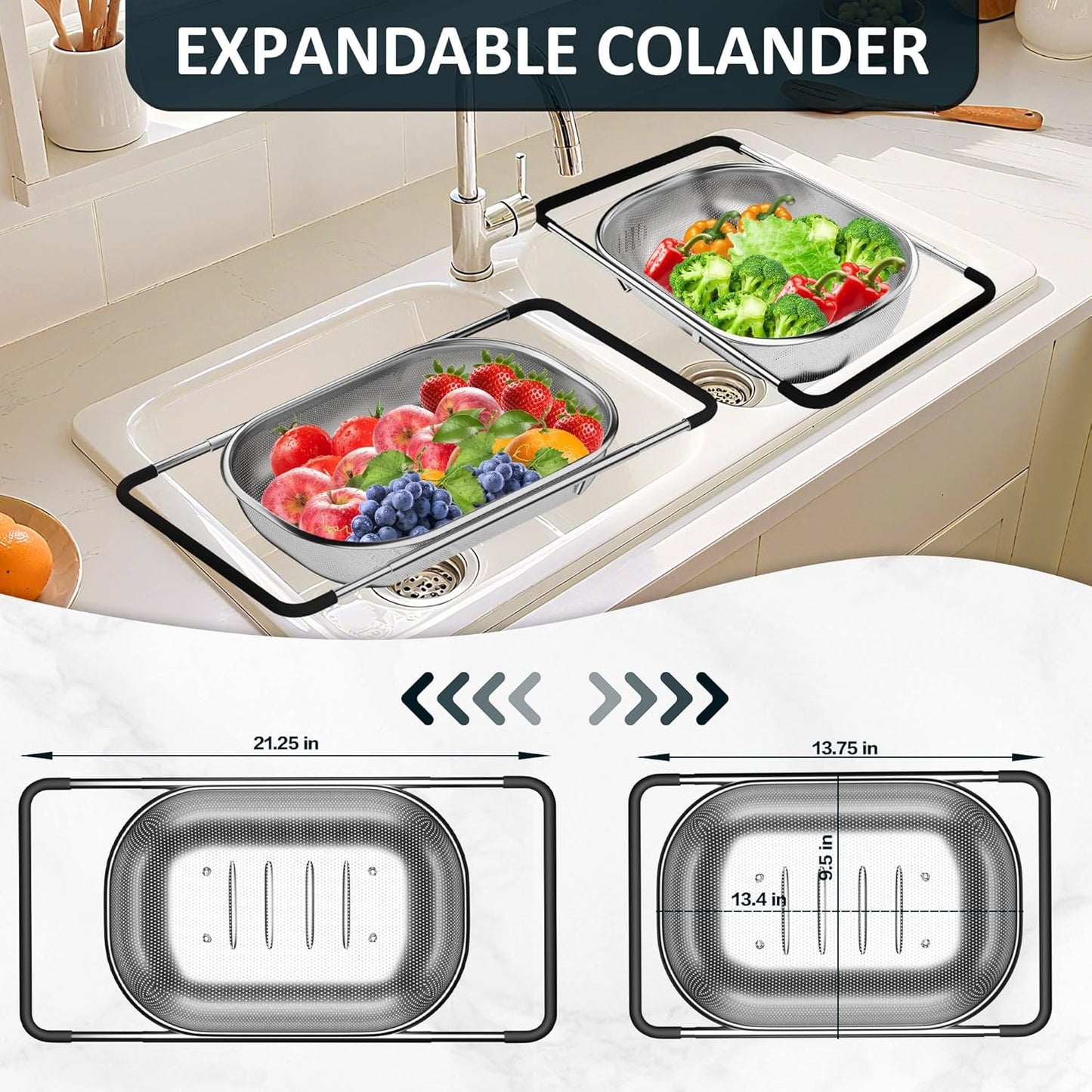 4-1 Colander with Bowl Set - Pasta Strainer - Colander for Kitchen - Strainers and Colanders Rice Strainer Fruit Cleaner Veggie Wash Sink Strainer Kitchen Essentials - Black