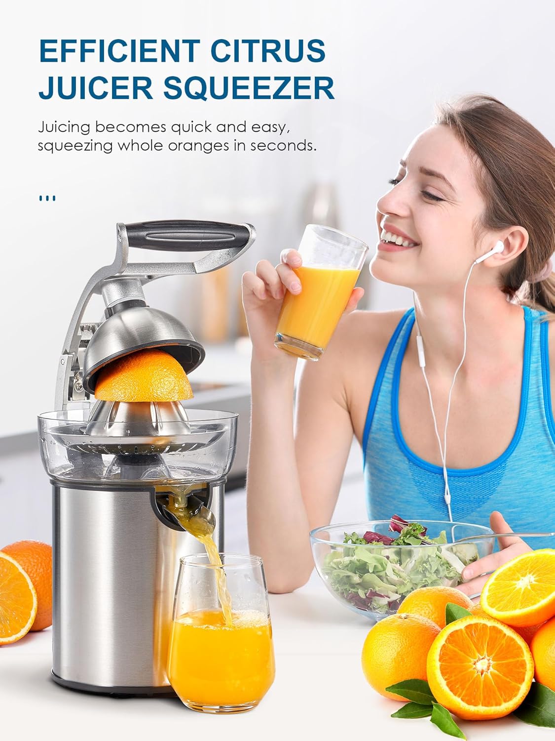 Professional Brushed Stainless Steel Electric Citrus Juicer, 2 Interchangeable Cones for Orange, Lemon & Grapefruit, Easy Clean, Durable Design & Effortless Operation