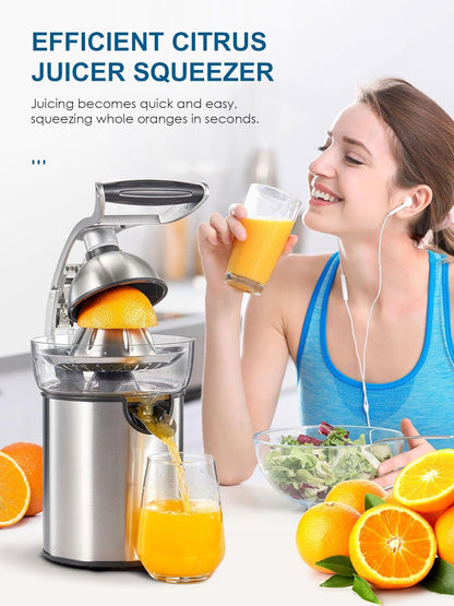 Professional Brushed Stainless Steel Electric Citrus Juicer, 2 Interchangeable Cones for Orange, Lemon & Grapefruit, Easy Clean, Durable Design & Effortless Operation