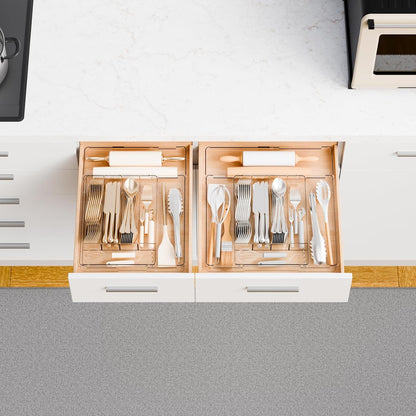 Yieach Acrylic Clear Expandable Kitchen Utensil Drawer Organizer and Silverware Organizer,BPA FREE Adjustable Silverware Tray for Drawer Cutlery,Spatula,Tools,Flatware Organizers,Fork and Spoon Holder