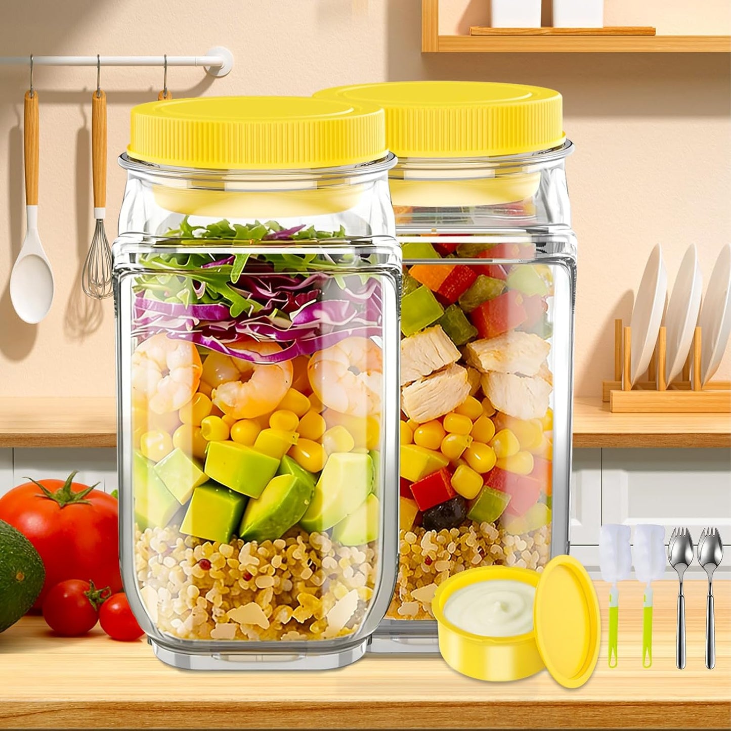 FNHMSL Side-Opening Mason Salad Jar, Portable (35 oZ) 1000ml Salad Container with Leakproof Dressing Cup, Includes Spoon and Cleaning Brush, Perfect for Meal Prep, Gym, Office, Picnic and Travel
