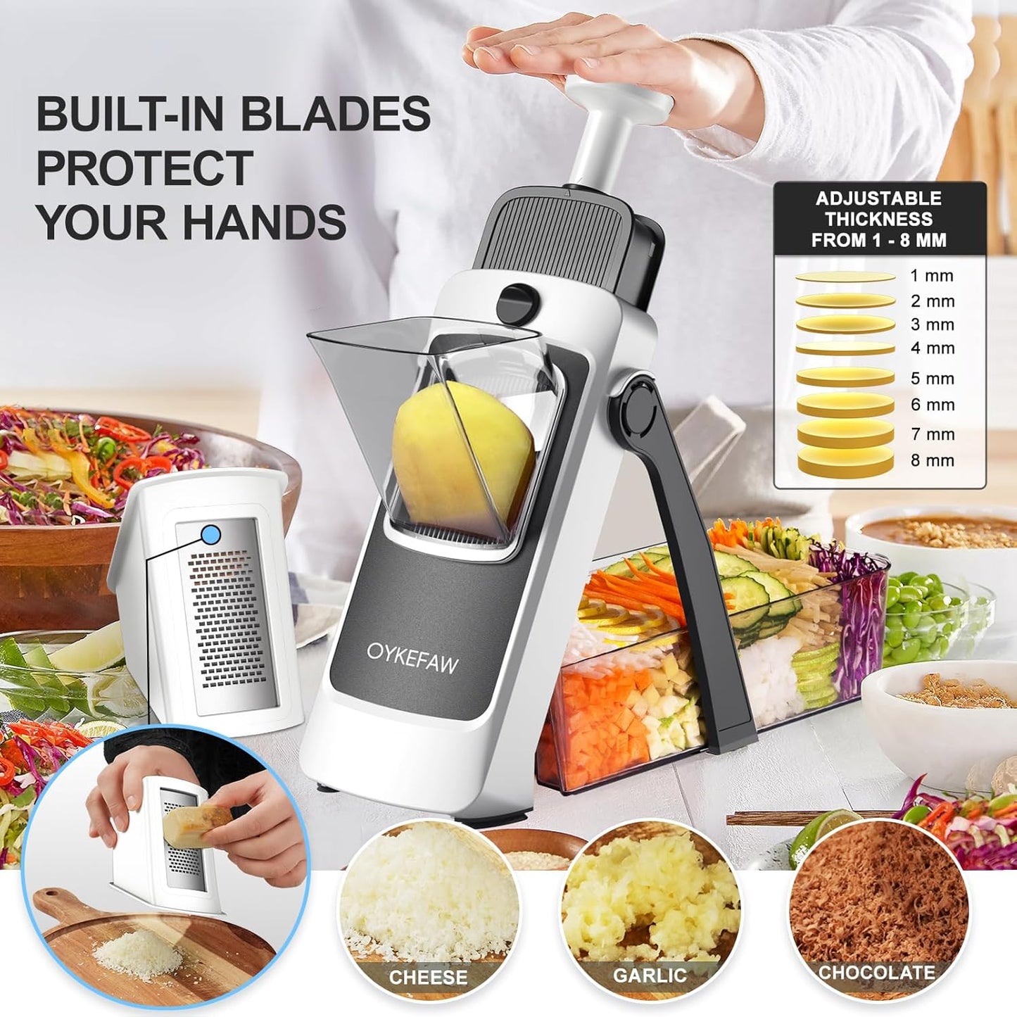 Safe Mandoline Slicer for Kitchen, 6 in 1 Vegetable Chopper, French Fry Cutter For Potatoes, Potato Slicer,Food Chopper,Adjustable Thickness 0.1-8 mm, With Peeler/Cleaning Brush (Black)