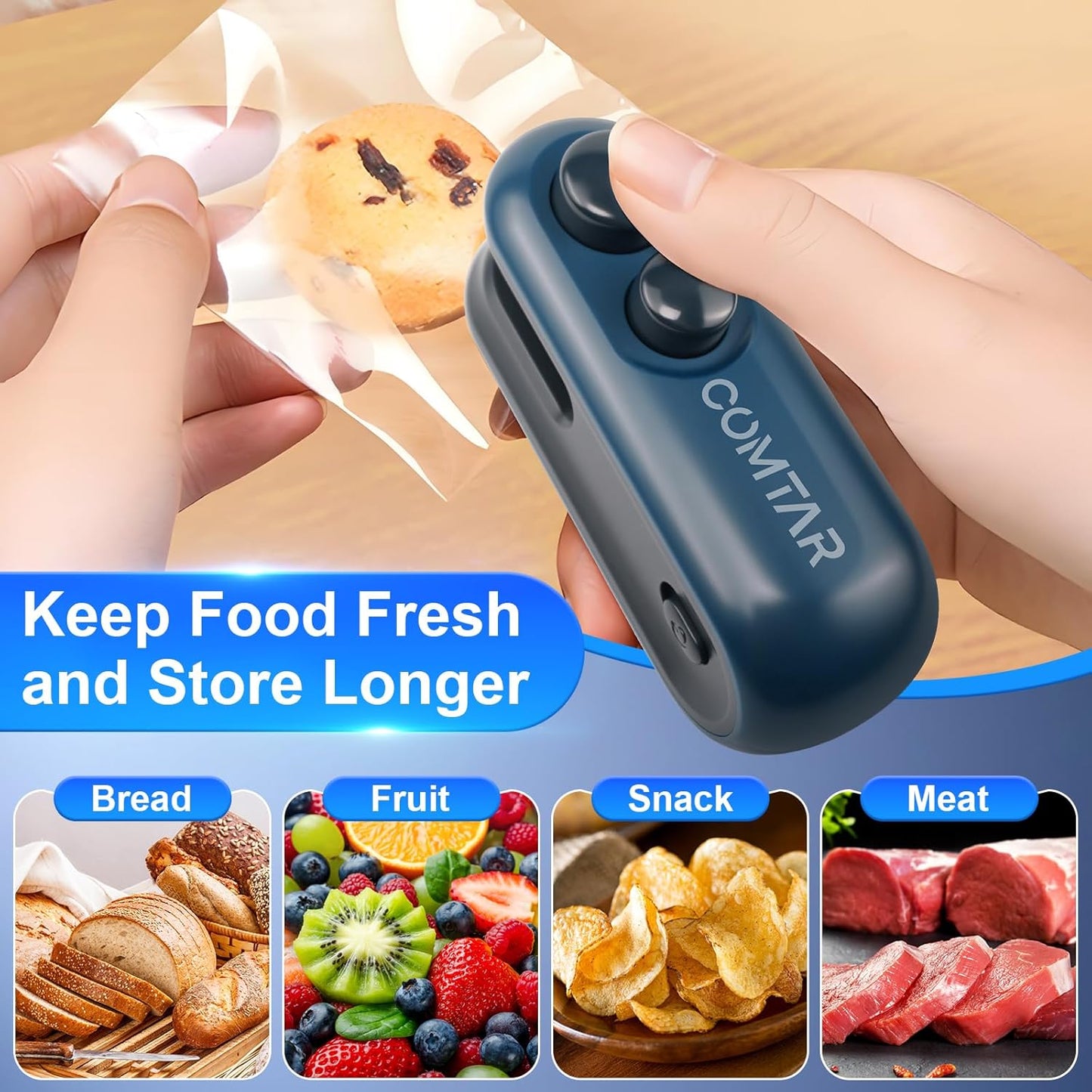 2in1 Rechargeable Chip Bag Sealer with Cutter, Portable USB C Heat Sealer Resealer Machine for Chip, Plastic Bags Heat Seal Tool for Snacks (White)