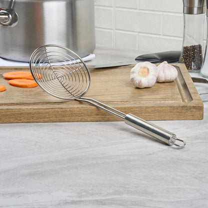Restaurantware Stainless Steel Skimmer Spoon - German Standard Spoon Spider Strainer, Ergonomic Handle, Dishwasher Safe, Heat Resistant - Slotted Skimmer Colander for Cooking, Frying