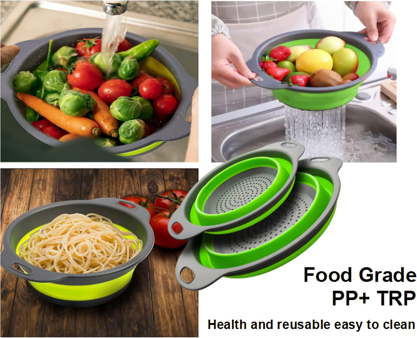 Collapsible Colander Set, Food-Grade Silicone Kitchen Filter, Kitchen Strainer Colander with Extendable Handles for Draining Pasta, Vegetable and Fruit