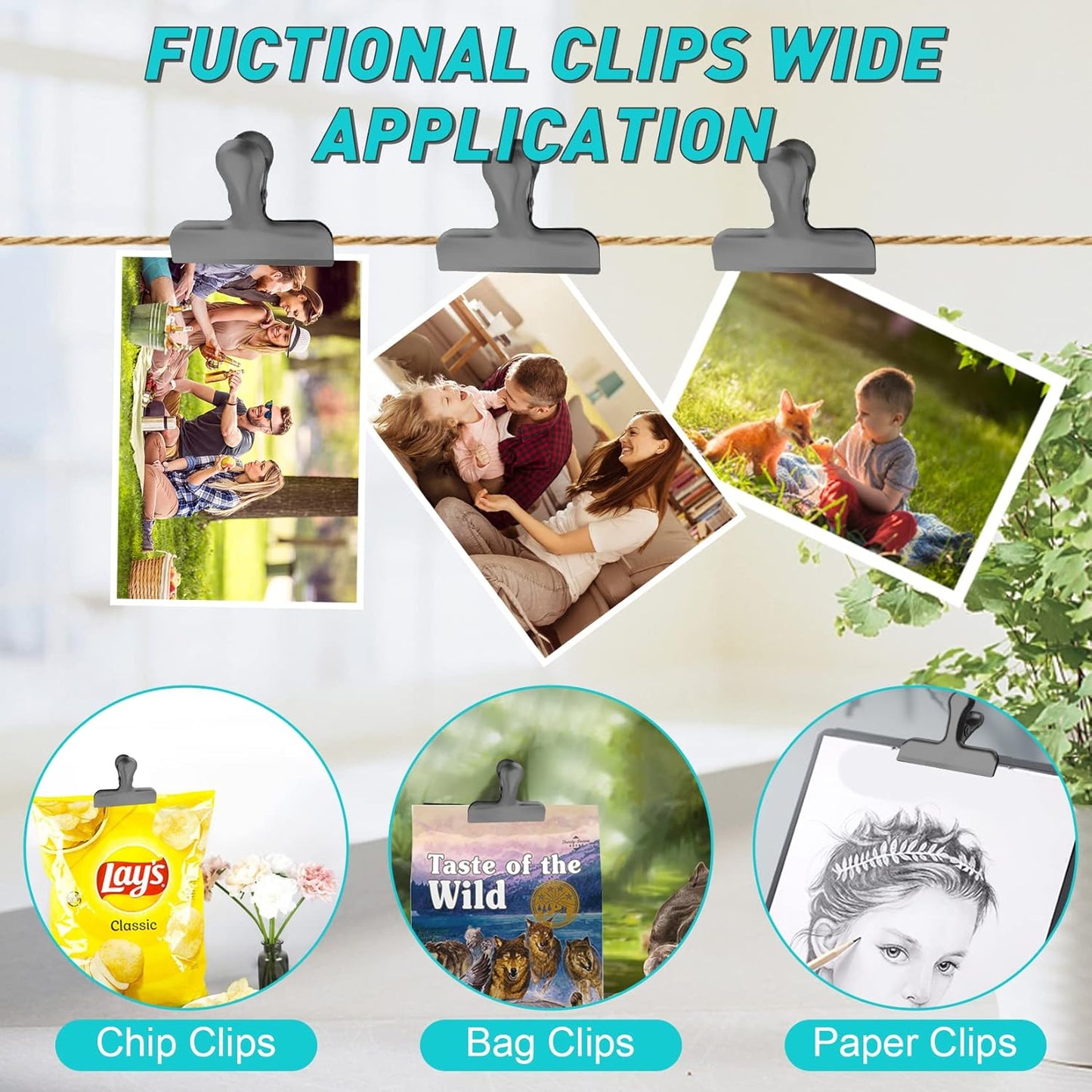 Funfery Chip Clips Bag Clips Gold Stainless Steel Clip for Food Storage,Air Tight Seal Chip Bag Clip 3 Inch Strong Food Clipp for Snack,Chips,Kitchen Decor,Home&Office Paper Heavy Duty-8 Pack
