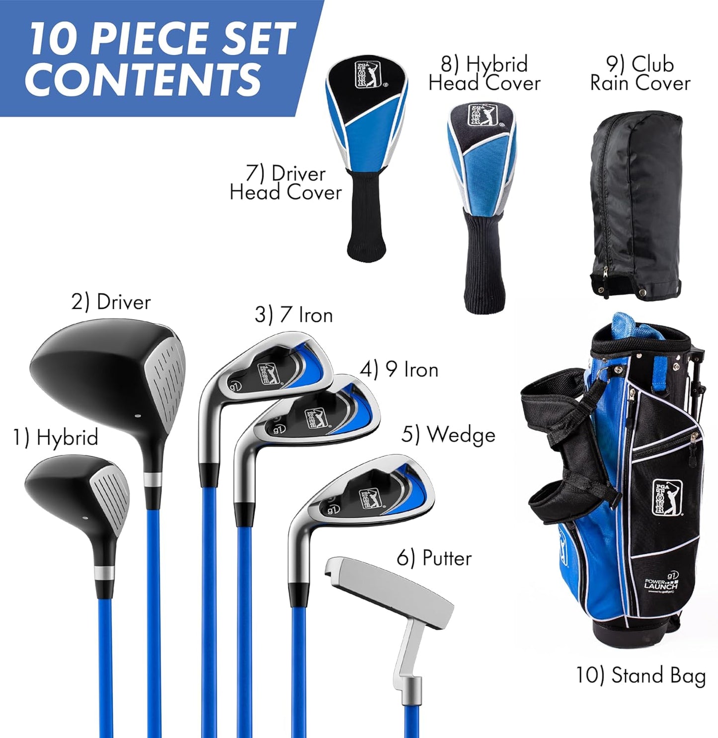 PGA Tour Youth Golf Club Set for Ages 8-12 & 12+ (4’8”–5’10”), Right and Left-Handed Kids Golf Sets – Beginner Junior Golf Clubs with Lightweight Stand Bag, Mallet Putter, Hybrid, Driver