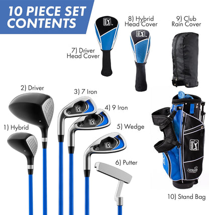 PGA Tour Youth Golf Club Set for Ages 8-12 & 12+ (4’8”–5’10”), Right and Left-Handed Kids Golf Sets – Beginner Junior Golf Clubs with Lightweight Stand Bag, Mallet Putter, Hybrid, Driver