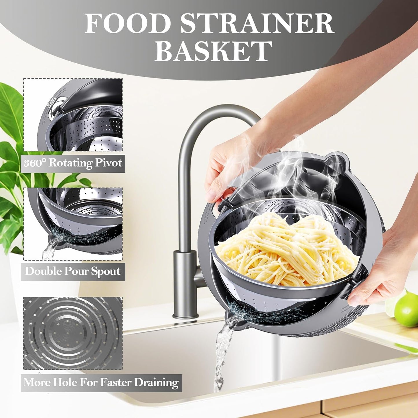 Over the Sink Colander, Expandable Strainers and Colanders with Fine Mesh, Colander for Kitchen with Rubber Grip for Draining Pasta, Vegetables and Fruits - Essential Kitchen Sink Strainer