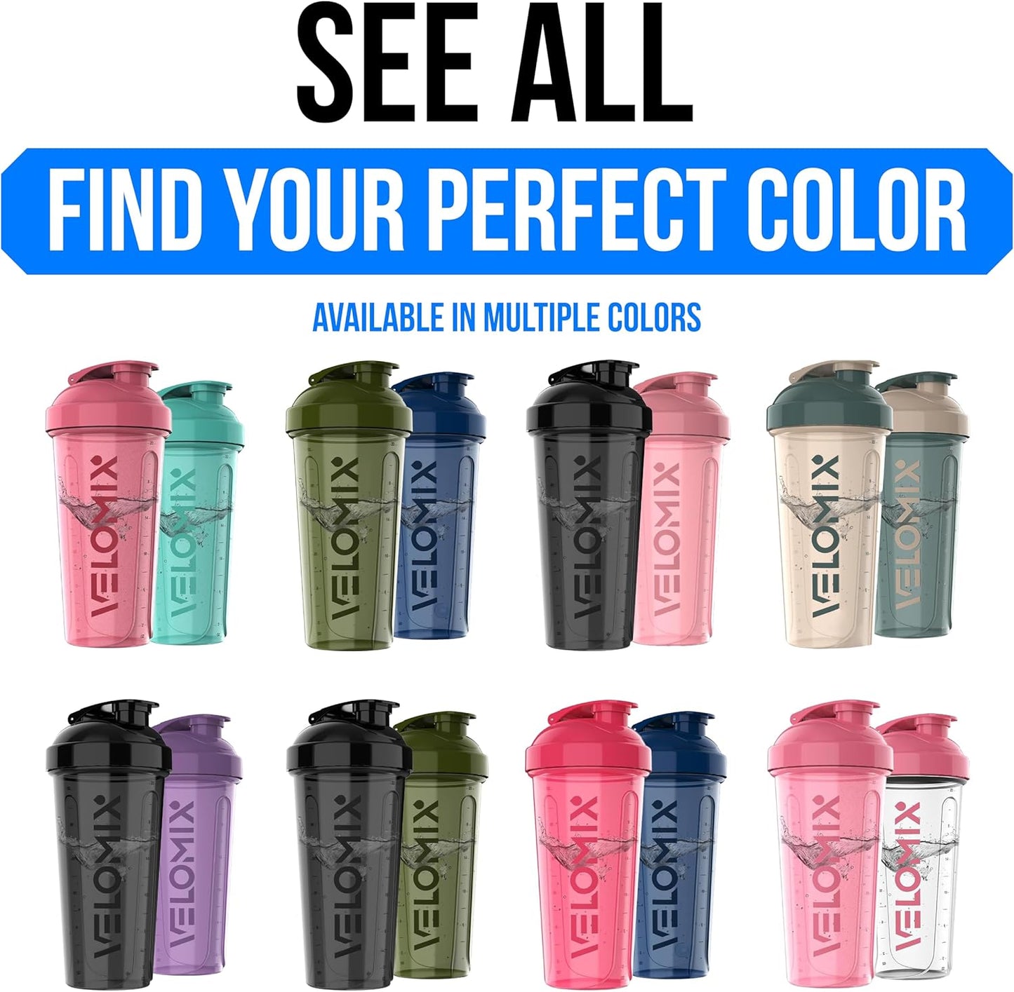 VELOMIX -2 Pack- 28 oz Protein Shaker Bottles for Protein Mixes - 2x Wire Whisk | Leak Proof Shaker Cups for Protein Shakes | Protein Shaker Bottle Pack (Black/Transparent)