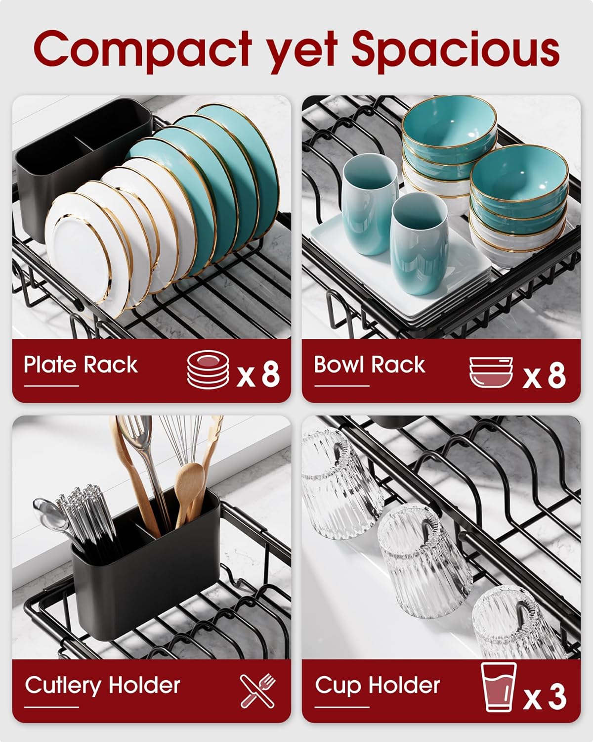 Sakugi Dish Drying Rack in Sink - Expandable Stainless Steel Dish Rack Over the Sink, Kitchen Sink Drain Strainer with Cutlery Holder & Cup Holders, 15.4 x 9.8 x 3.0 Inch, Silver
