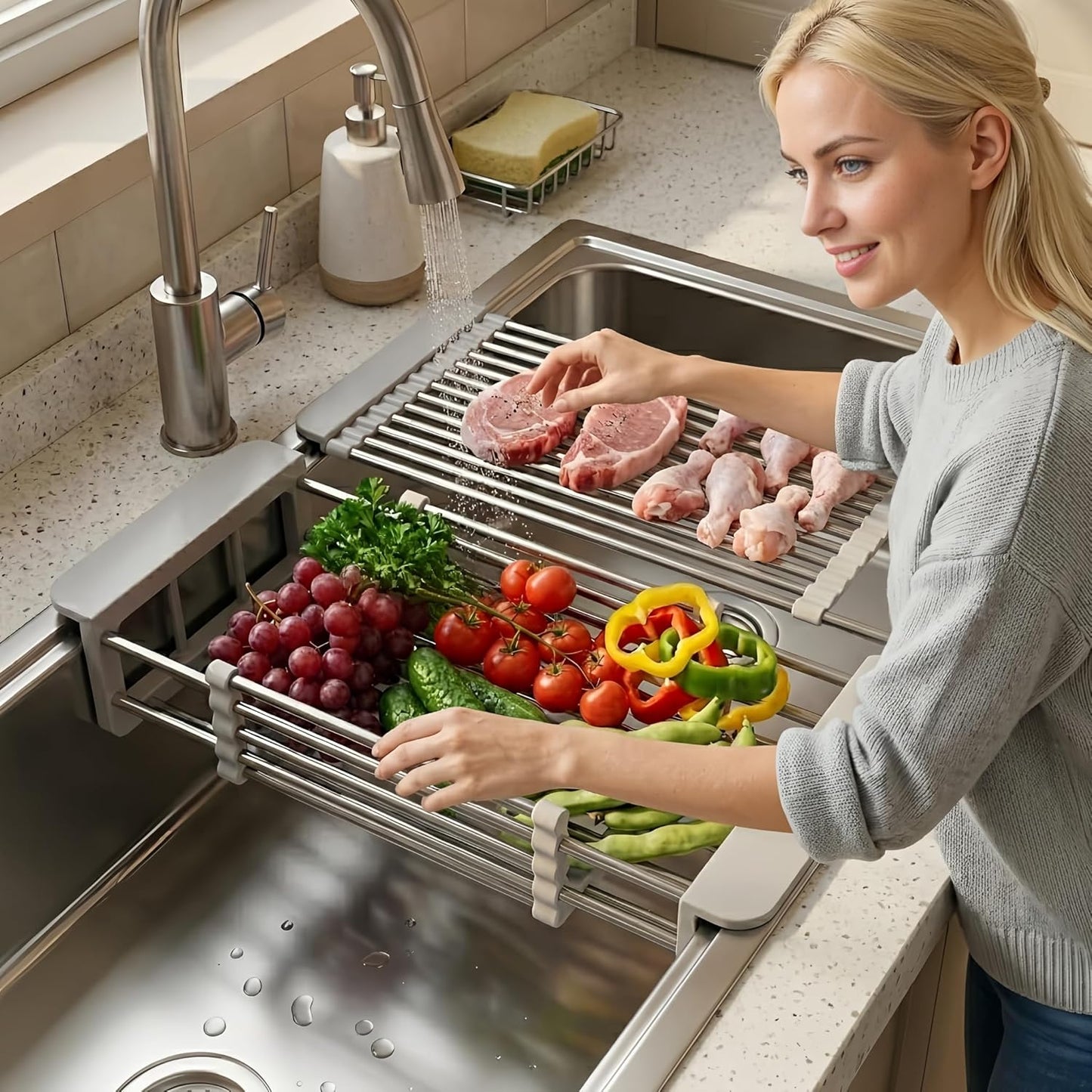 Expandable Over Sink Dish Drying Rack, Stainless Steel Kitchen Organizer, Adjustable Countertop Drainer for Plates, Bowls, Utensils (Gray, Small)