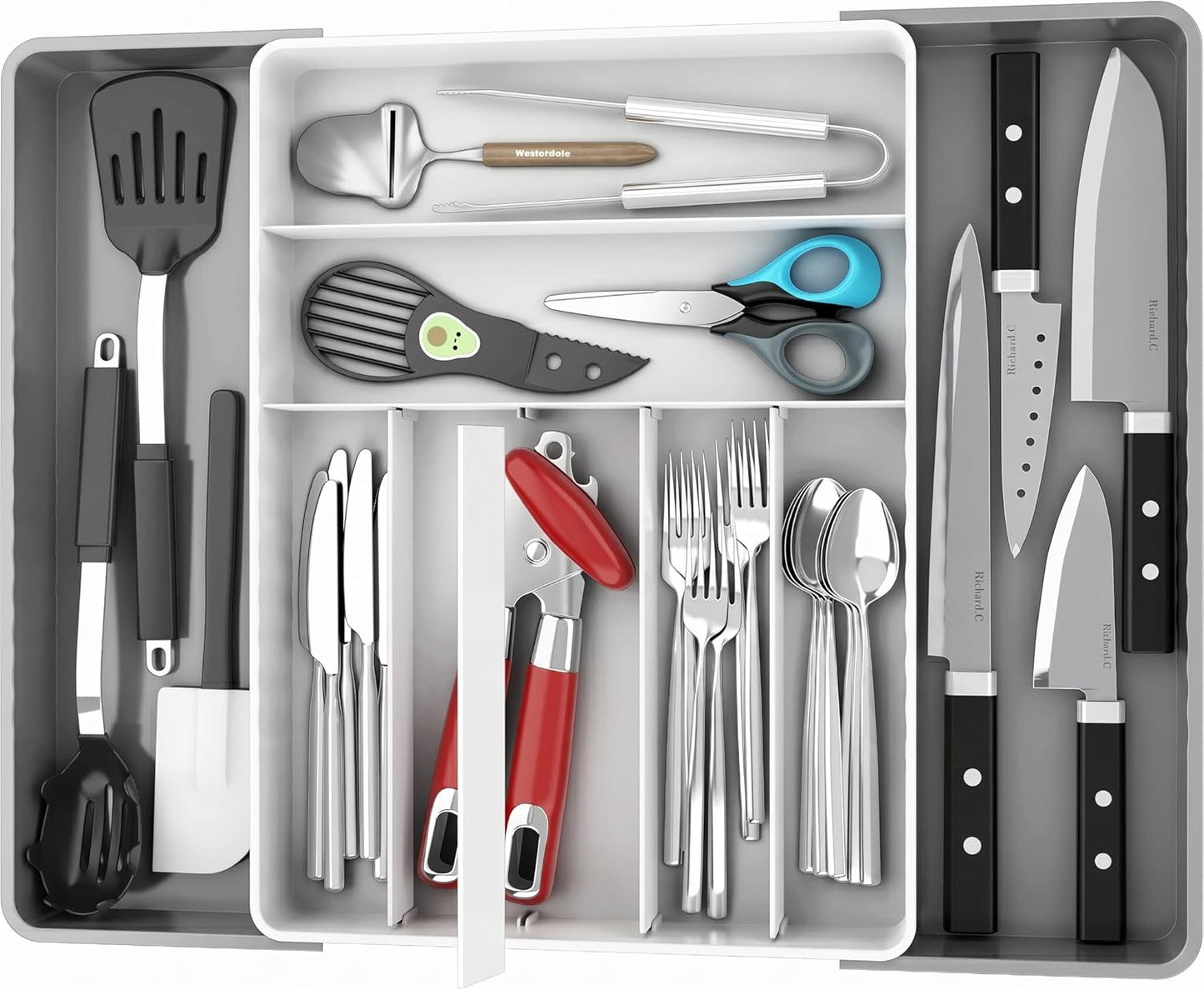 Simple Houseware Expandable Kitchen Drawer Flatware Organizer, Gray – Adjustable Cutlery Tray with 9 Compartments for Utensils and Silverware