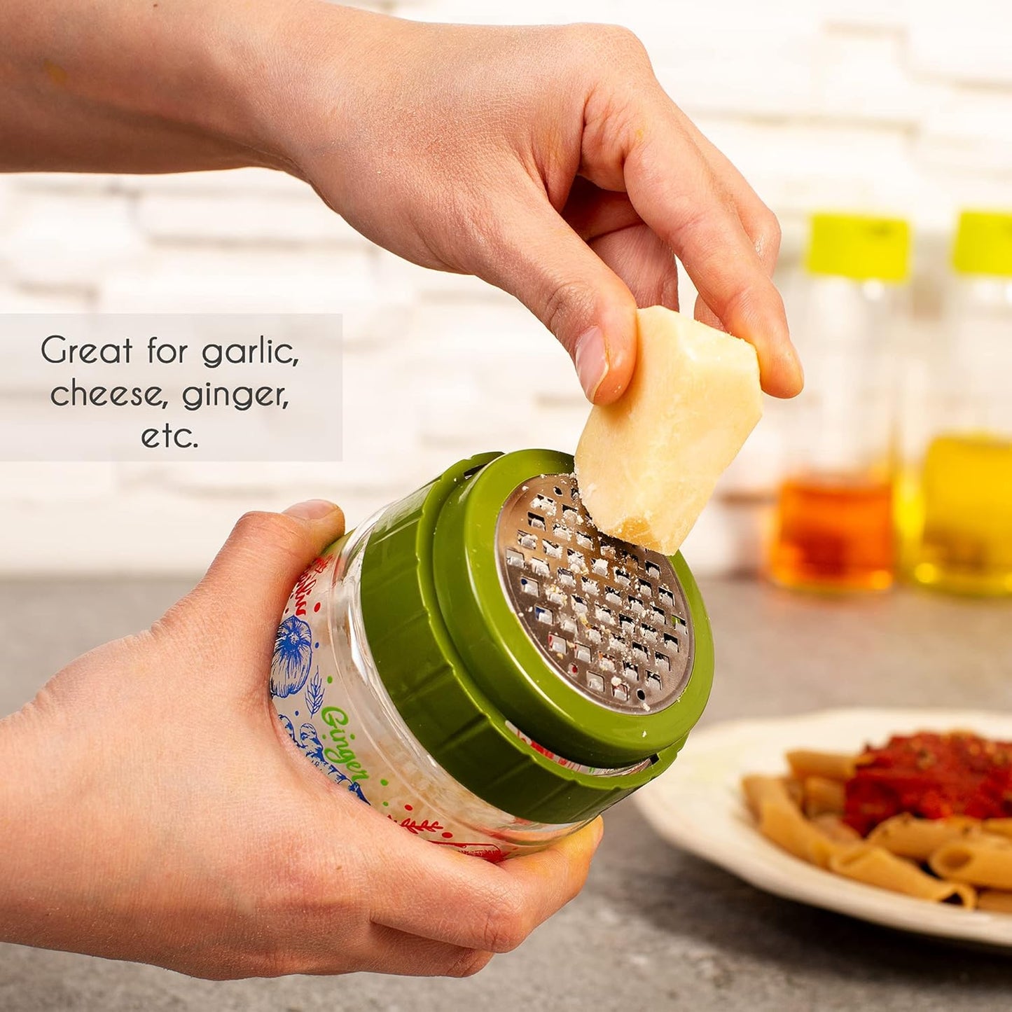 CRYSTALIA Cheese Grater with Glass Storage Container, Stainless Steel Food Shredder Box for Parmesan, Ginger, Garlic, Vegetable, Nutmeg, Small Fine Grinder with Lead-Free Glass Jar for Kitchen (Green)