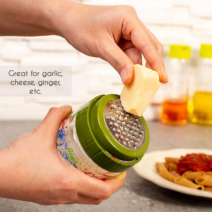 CRYSTALIA Cheese Grater with Glass Storage Container, Stainless Steel Food Shredder Box for Parmesan, Ginger, Garlic, Vegetable, Nutmeg, Small Fine Grinder with Lead-Free Glass Jar for Kitchen (Green)