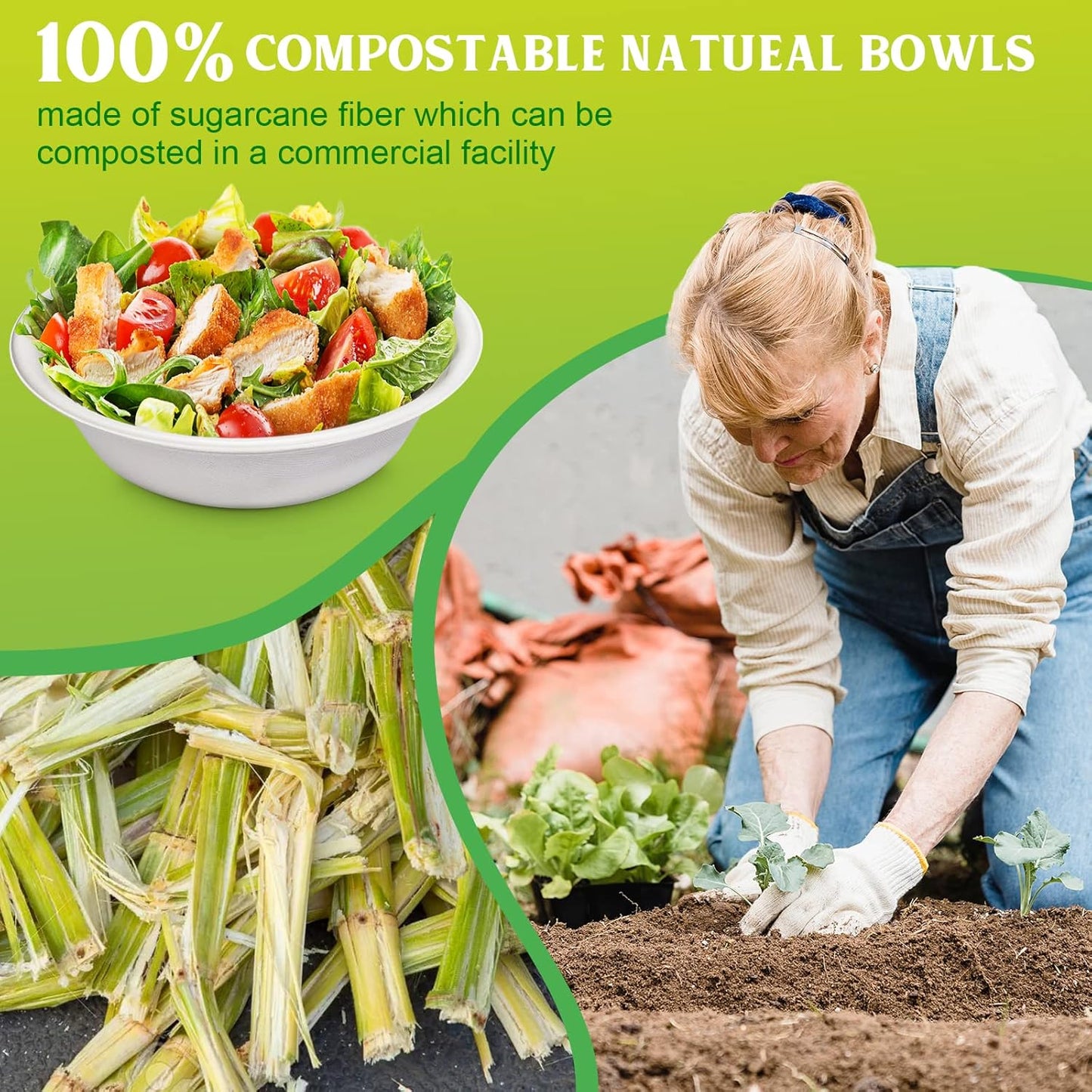 greensight Large Compostable Bowls - 32 oz, 100 Pack, Heavy Duty, Microwavable Safe, White Bagasse Bowls for Hot Soup, Salads, Cereals
