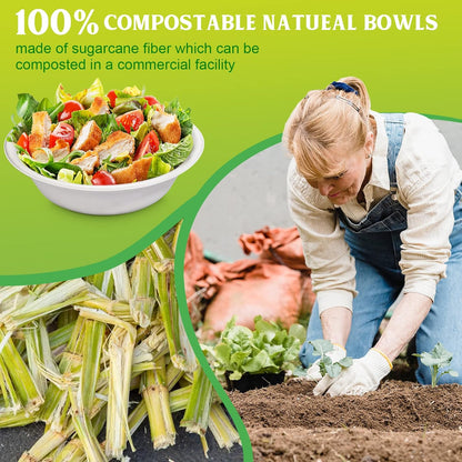 greensight Large Compostable Bowls - 32 oz, 100 Pack, Heavy Duty, Microwavable Safe, White Bagasse Bowls for Hot Soup, Salads, Cereals