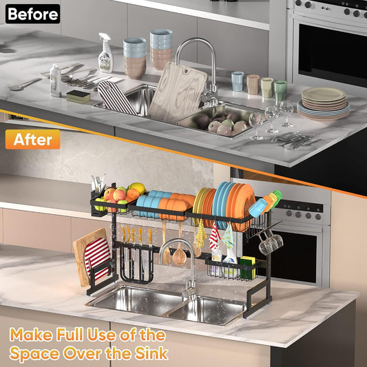 PUSDON Over the Sink Dish Drying Rack, 2 Tier Adjustable Large Capacity Stainless Steel Dish Rack for Kitchen Counter, Heavy Duty Space Saver Organizer with Utensil Holder, Black