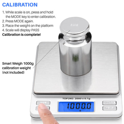 Smart Weigh Pro Digital Pocket Scale – 2000g x 0.1g Precision Gram Scale with LCD Display, 6 Weighing Units, Hold & Count Functions – Includes 2 Trays and Batteries (Silver)