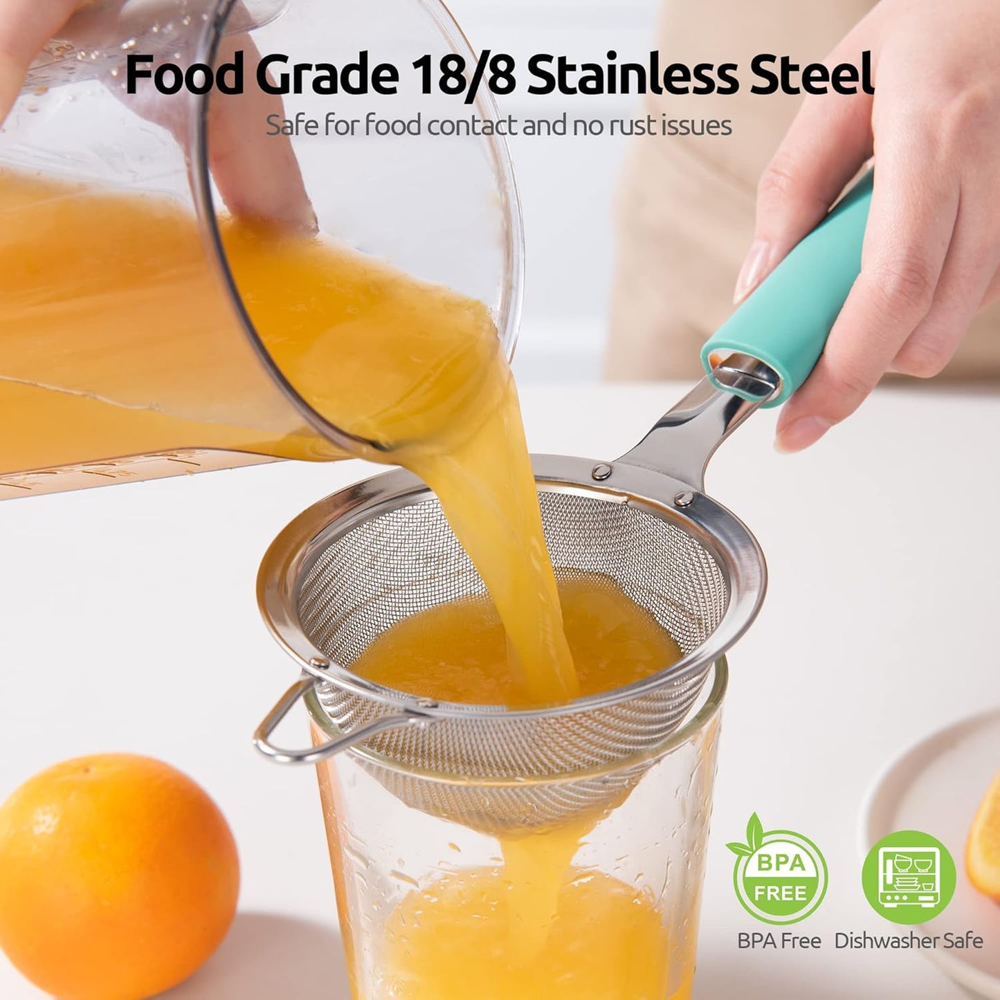 18/8 Stainless Steel Mesh Strainer: U-Taste 5.5 Inch Kitchen Fine Mesh Sieve Food Colander with Riveted Sturdy Silicone Handle and 30 Mesh Hole for Straining Flour, Pasta, Fruit, Quinoa(Aqua Sky)