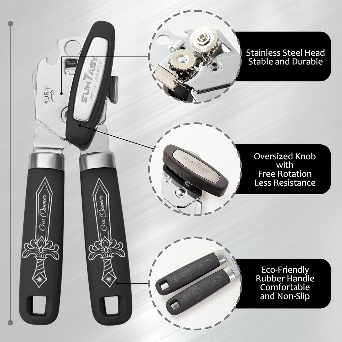Manual Can Opener with Magnet – Heavy Duty Hand Can & Bottle Opener, Stainless Steel Blade Smooth Edge Cutter, Ergonomic Rubber Grip, Easy Turn Kitchen Tool for Seniors, Arthritis Friendly (Black)