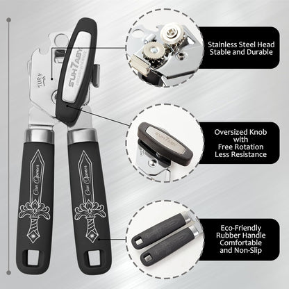 Manual Can Opener with Magnet – Heavy Duty Hand Can & Bottle Opener, Stainless Steel Blade Smooth Edge Cutter, Ergonomic Rubber Grip, Easy Turn Kitchen Tool for Seniors, Arthritis Friendly (Black)