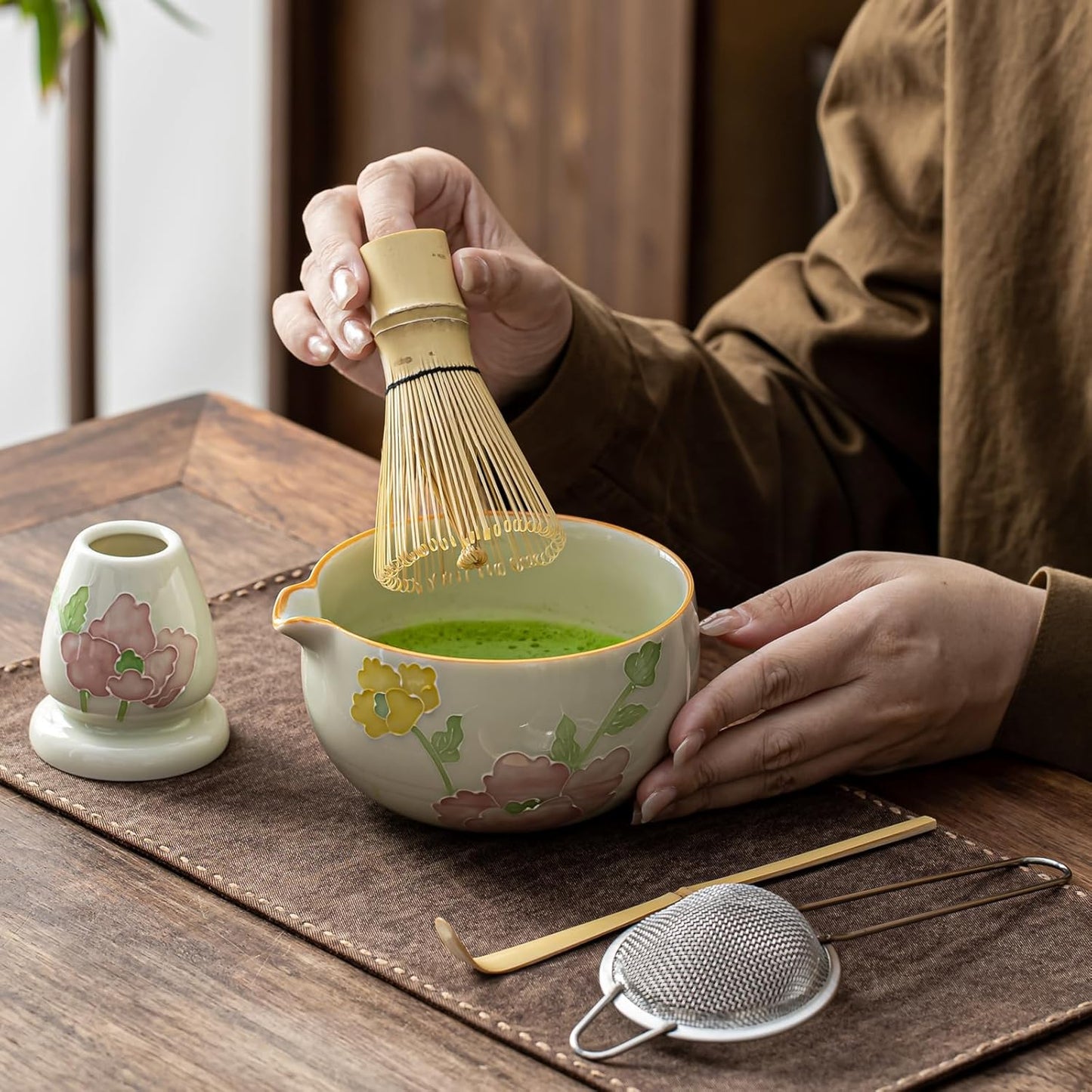 Matcha Set, Matcha Whisk Set Includes Matcha Bowl and Whisk, Whisk Holder, Sifter, Scoop, Spoon Holder, Tea Towel- 7pcs Perfect Matcha Kit for Matcha Tea Ceremony