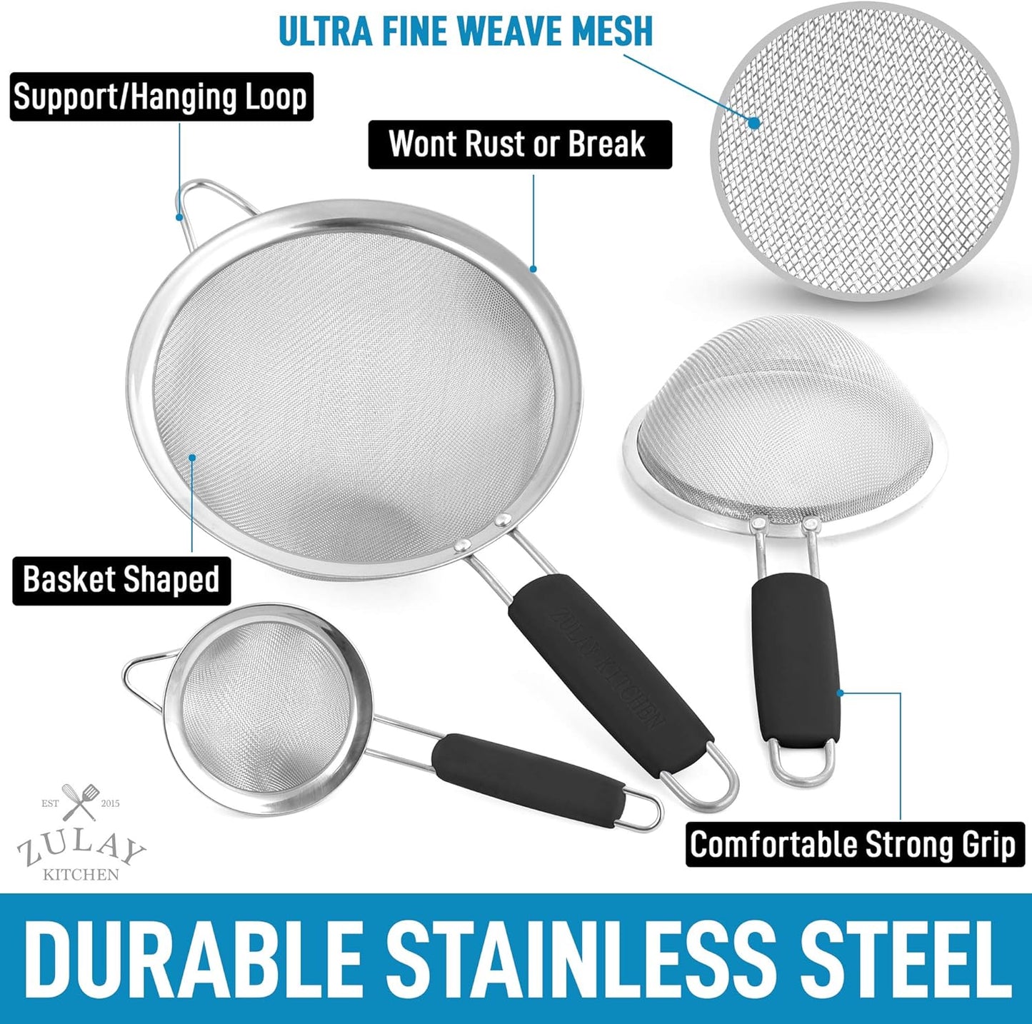 Zulay Kitchen 304 Stainless Steel Fine Mesh Strainer 3.35 in - Strainers Fine Mesh, Tea Strainers for Loose Tea - Perfect for Tea, Cocktails, Juicing, Drinks, Liquids, Matcha, Coffee & More
