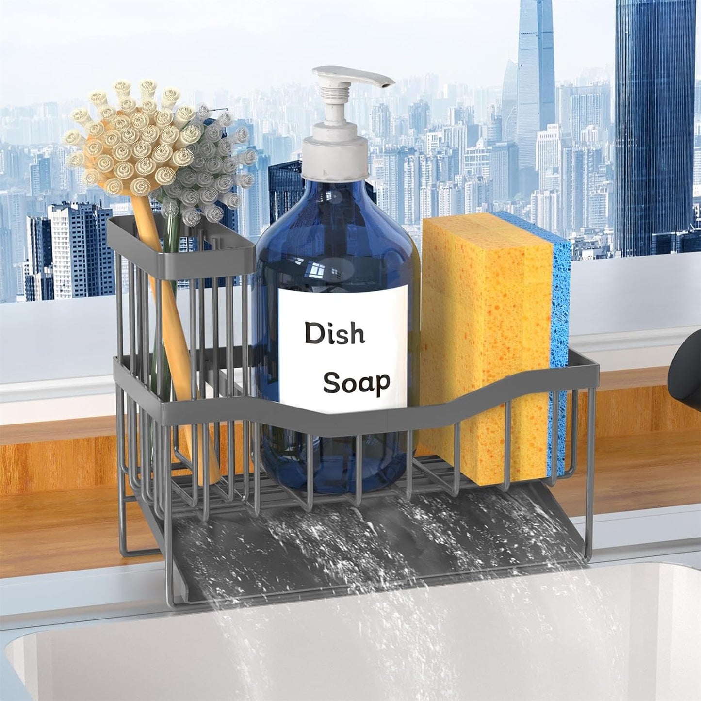 Fssvcd Maifan Sink Caddy Sponge Holder for Kitchen with Brush Holder and Stainless Steel Self Drain Tray, Rustproof Kitchen Sink Organizer for Sponge, Soap Dispenser Storage Accessories