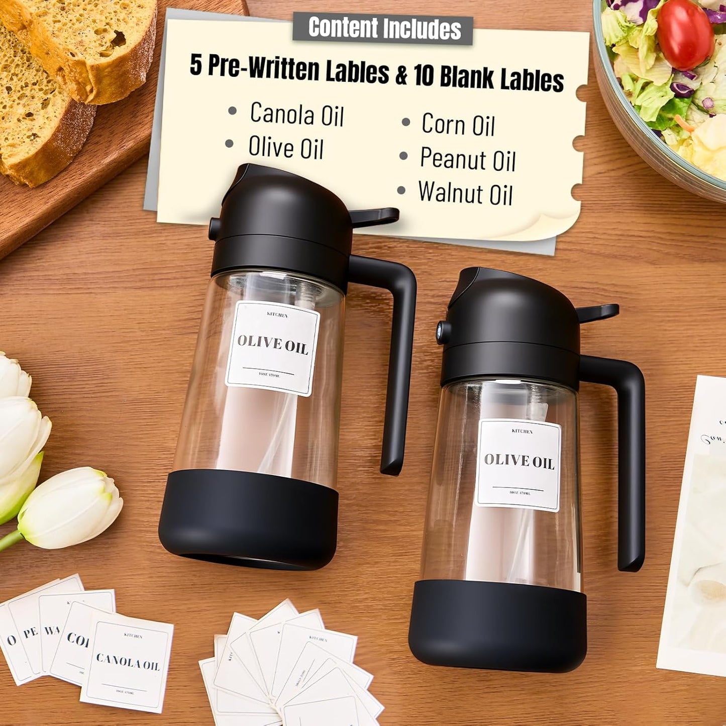 PARACITY Oil Dipenser Bottle with Silicone Bottom, 2 in 1 Olive Oil Sprayer and Dispenser, Oil Spray Bottle 470ML/ 16OZ for Cooking, Kitchen, BBQ, Air Fryer, Salad, Baking(1PC Black)