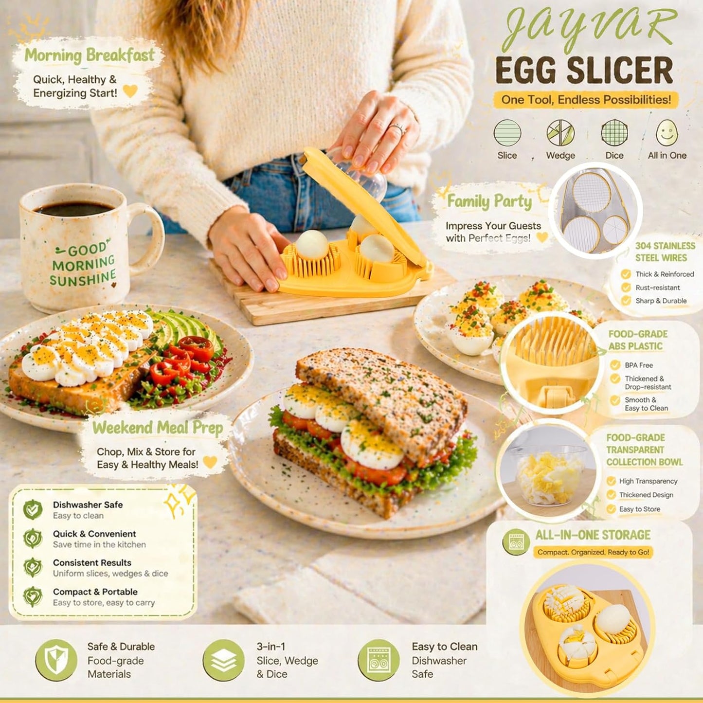 JAYVAR Egg Slicer for Hard Boiled Eggs - 3 Slice Modes Egg Chopper, Eggs Cutter with Sturdy Stainless Steel Wire, Strawberry Slicer, Dishwasher Safe Boiledegg Slicers with Container for EggSalad