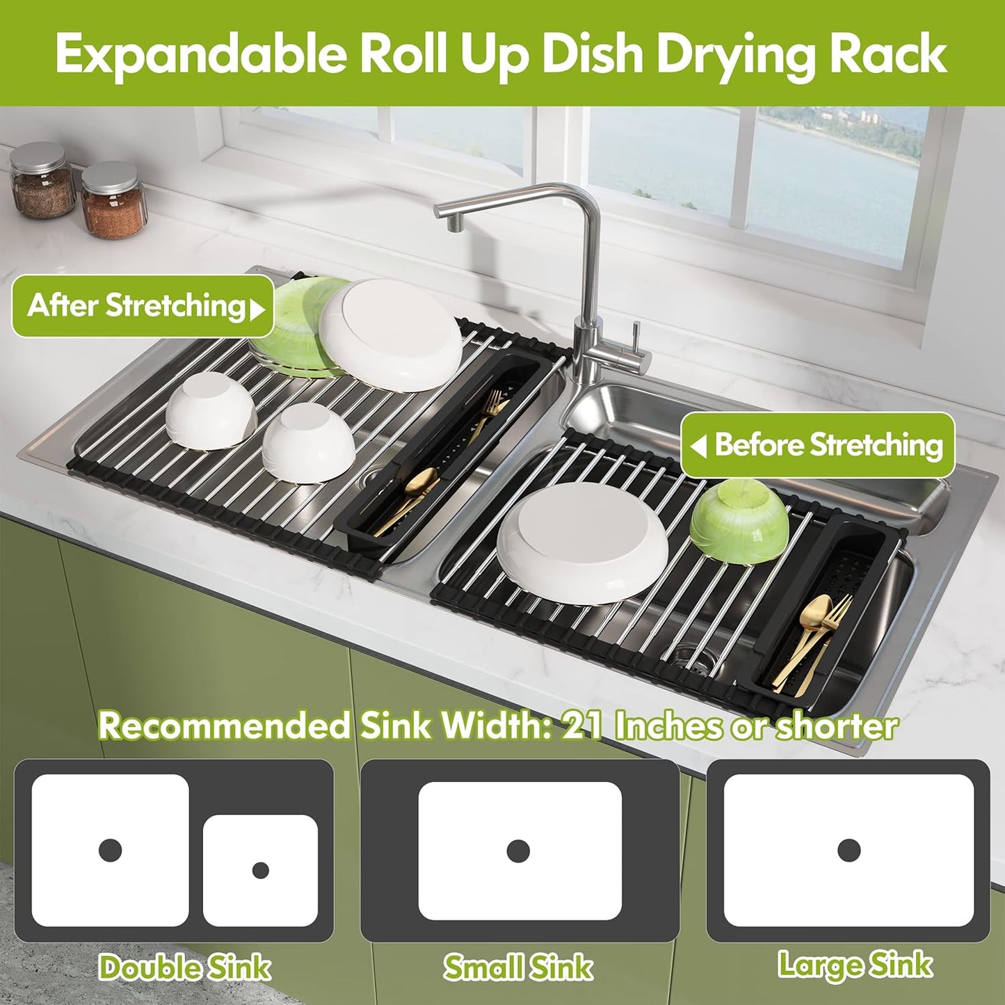 JASIWAY Roll Up Dish Drying Rack, Expandable (12.8"-23.8" D x 12.8" W) Stainless Steel Portable Drainer for Kitchen Sink Counter, Foldable Over The Sink Cover with Removable Utensil Holder