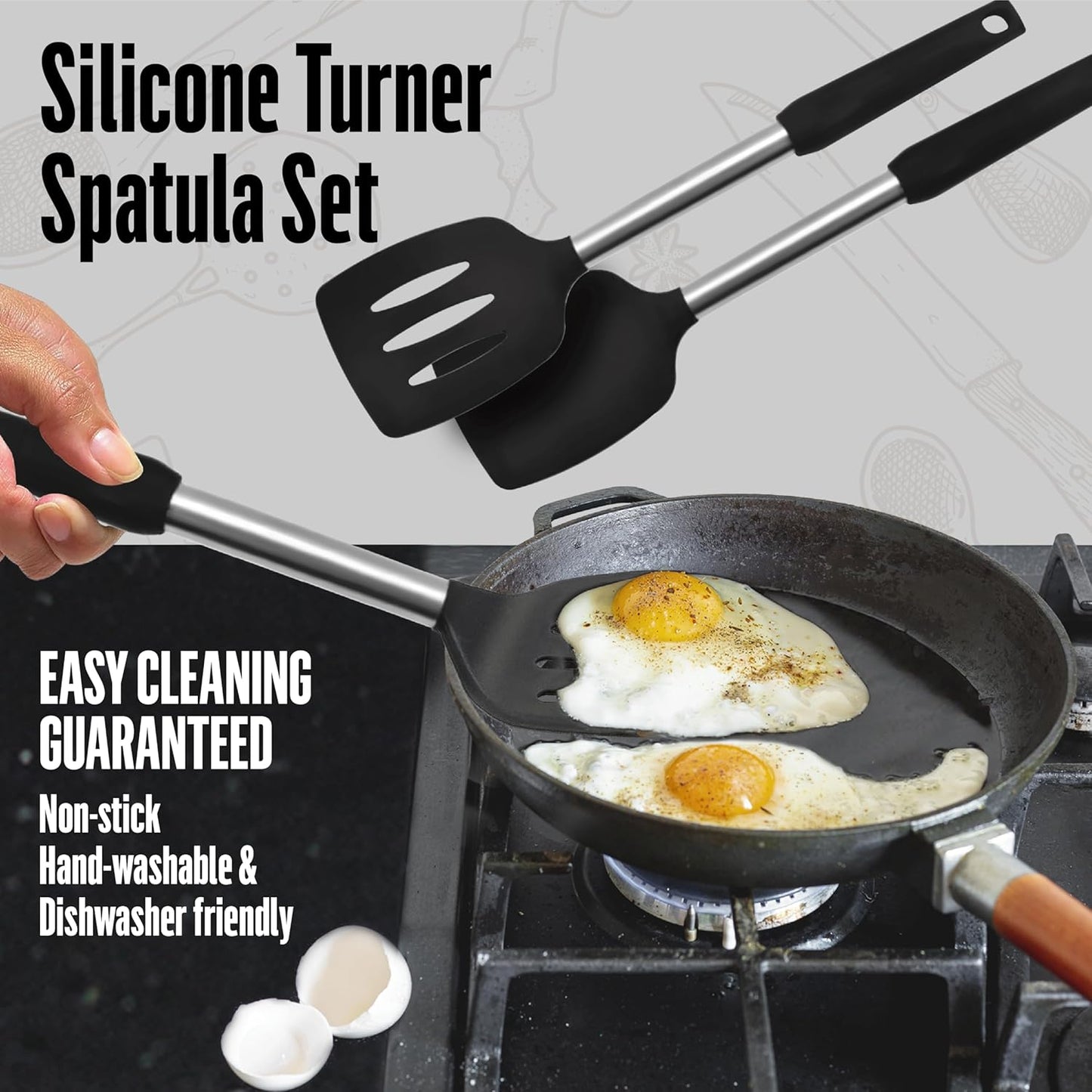 Silicone Spatula Set (2-Pc) - 600°F Heat Resistant, BPA Free, Non-Scratch, Dishwasher Safe I Slotted & Solid Kitchen Spatula Turners I Ideal for Eggs, Pancakes, Fish I Stainless Steel I Gray