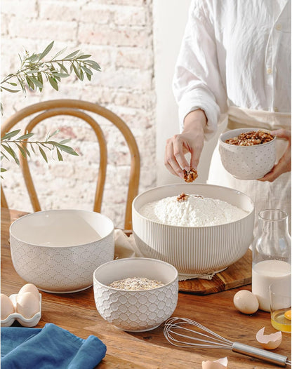 Ceramic Mixing Bowls, Embossed Nesting Bowls Set of 4, Mixing Bowl Set for Serving, Baking, Cooking and Gift, Microwave and Dishwasher Safe, 20/47/99/148 oz, Off-White