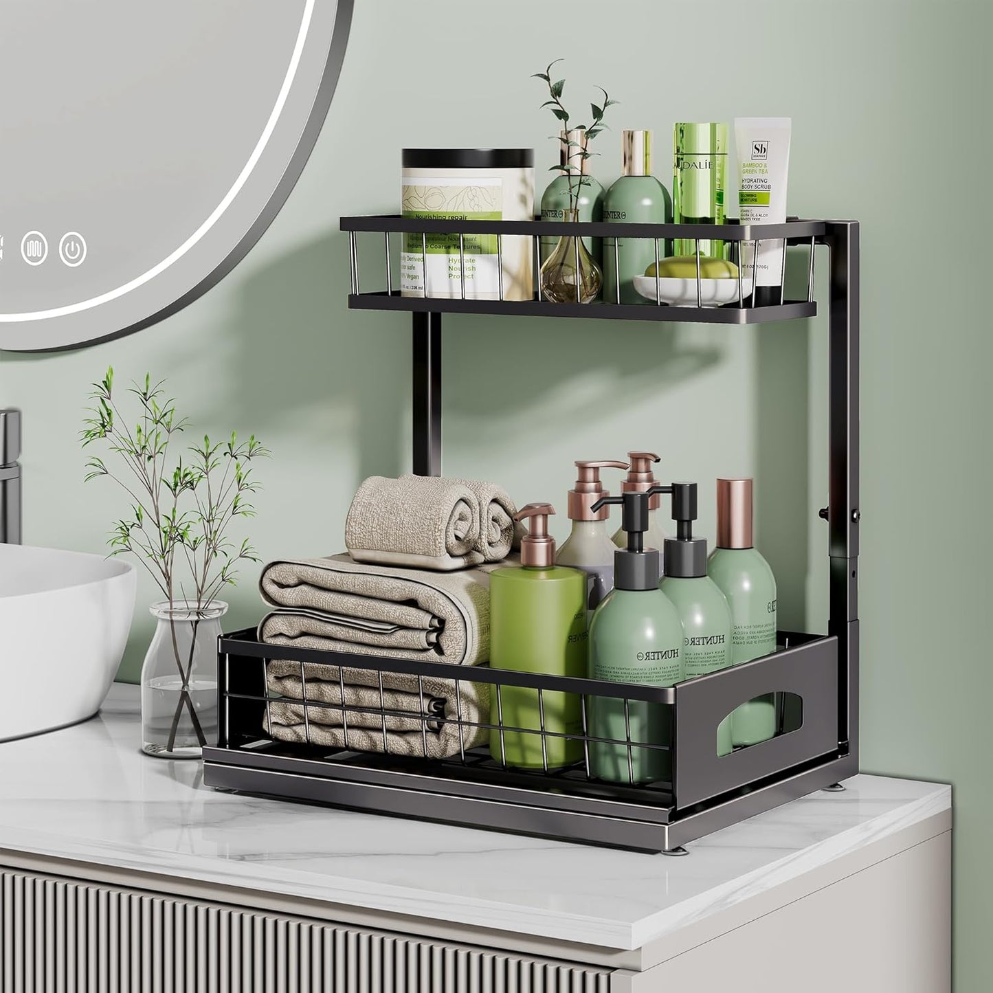 Under Sink Organizer, 2 Pack Cabinet Organizer for Kitchen, Height Adjustable Pull Out Heavy Duty 2 Tier Metal Under Sink Storage for Bathroom Pantry (Black, 2 Pack)