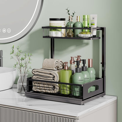 Under Sink Organizer, 2 Pack Cabinet Organizer for Kitchen, Height Adjustable Pull Out Heavy Duty 2 Tier Metal Under Sink Storage for Bathroom Pantry (Black, 2 Pack)