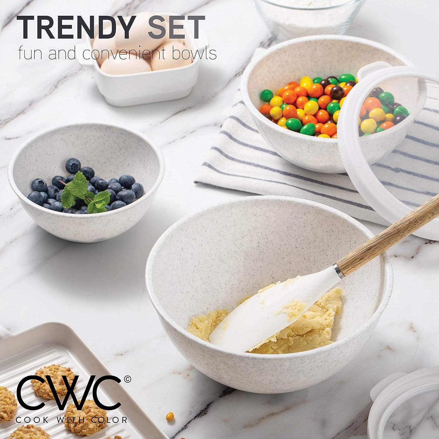 COOK WITH COLOR Mixing Bowls with Lids - 12 Piece Plastic Nesting Bowls Set includes 6 Prep Bowls and 6 Lids, Microwave Safe Mixing Bowl Set, Sage Embossed - Colors A