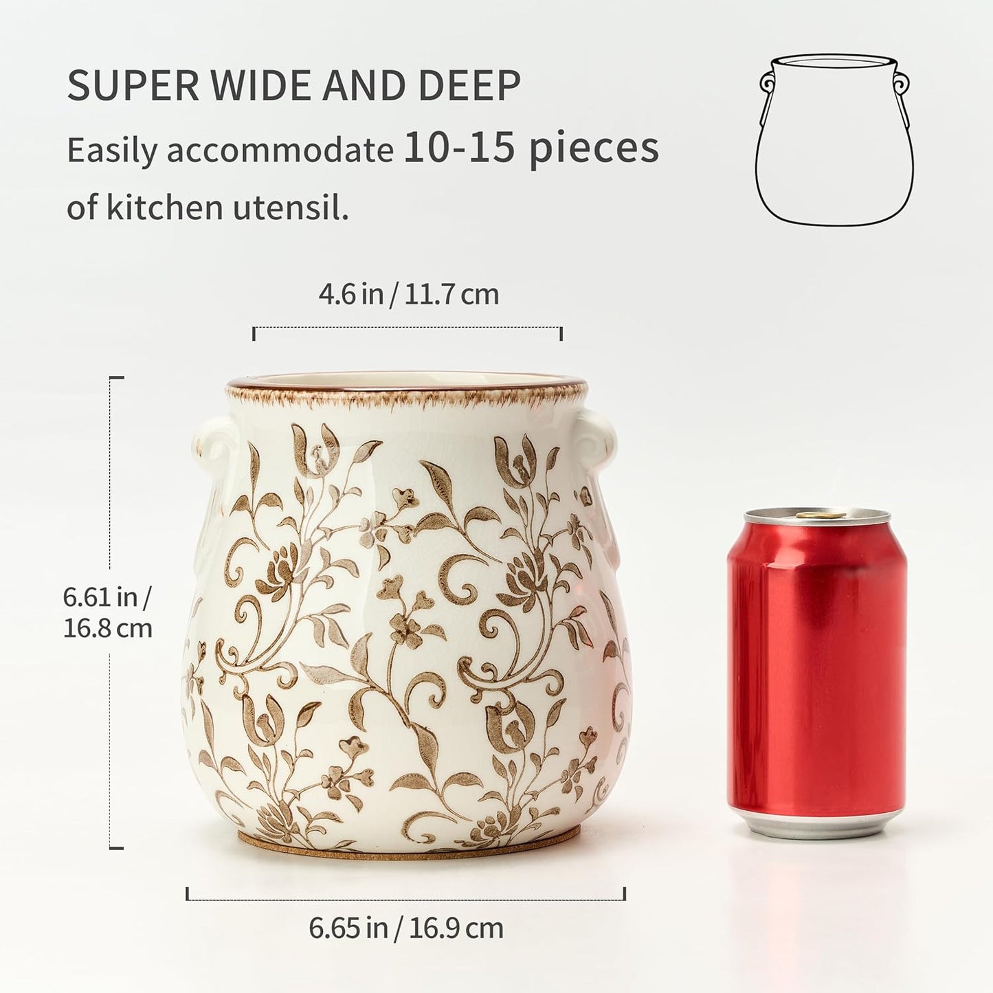 Utensil Holder for Kitchen Counter, Modern Farmhouse Rustic Cooking Utensil Holder and Crock, Exquisite Chinoiserie Floral Ceramic Utensil Organizer for Home Kitchen Decor- Green and Beige