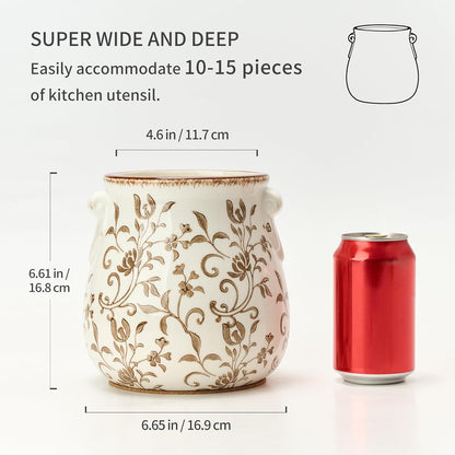 Utensil Holder for Kitchen Counter, Modern Farmhouse Rustic Cooking Utensil Holder and Crock, Exquisite Chinoiserie Floral Ceramic Utensil Organizer for Home Kitchen Decor- Green and Beige